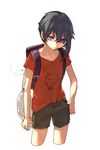  asymmetrical_hair backpack bad_id bad_pixiv_id bag black_hair blue_eyes cellphone cowboy_shot cropped_legs grey_shorts holding holding_phone looking_at_viewer male_focus multicolored multicolored_eyes ohisashiburi original phone purple_eyes red_shirt shirt short_sleeves shorts simple_background smartphone solo standing thumb_in_pocket white_background 