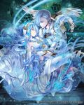 1girl aqua_(fire_emblem_if) armor blue_hair carrying closed_eyes disappear dress fire_emblem fire_emblem_cipher fire_emblem_if floating_island gloves hair_over_one_eye jewelry kneeling long_hair mother_and_son official_art pegasus pendant polearm sad shigure_(fire_emblem_if) short_hair simple_background toyo_sao veil very_long_hair water weapon yellow_eyes 
