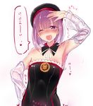  ;d bare_shoulders beret blush detached_sleeves fafas68 fate/grand_order fate_(series) flat_chest hand_on_hip hat helena_blavatsky_(fate/grand_order) looking_at_viewer one_eye_closed open_mouth purple_eyes purple_hair simple_background smile solo sweat teeth translated white_background white_sleeves 