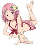  barefoot bikini bikini_skirt bracelet crossed_legs flower freckles full_body hair_flower hair_ornament hairclip halter_top halterneck jewelry lisbeth looking_at_viewer lying non-web_source official_art on_stomach one_eye_closed outstretched_arm pink_eyes pink_hair pointy_ears short_hair smile solo striped striped_bikini swimsuit sword_art_online the_pose 
