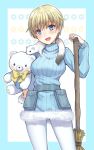  1girl :d bangs bear belt blue_sweater blush bow brave_witches broom commentary cowboy_shot eyebrows_visible_through_hair fur_trim hand_on_hip head_tilt holding holding_broom holding_stuffed_animal long_sleeves looking_at_viewer military military_uniform nikka_edvardine_katajainen no_pants open_mouth pantyhose polar_bear ribbed_sweater short_hair smile solo standing stuffed_animal stuffed_toy sweater teddy_bear totonii_(totogoya) turtleneck uniform utility_belt weasel white_legwear world_witches_series yellow_bow 