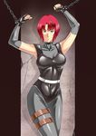  1girl arms_up bdsm blue_eyes bondage bound breasts chains collar dino_crisis kamo_(nobuhide19790717) medium_breasts red_hair regina short_hair solo 