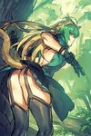  ahoge animal_ears ass atalanta_(fate) bent_over black_legwear blonde_hair cat_ears cat_tail commentary cowboy_shot dress fate/apocrypha fate_(series) from_behind garter_straps gauntlets green_dress green_eyes green_hair highres long_hair looking_at_viewer looking_back melon22 multicolored_hair no_panties solo tail thighhighs two-tone_hair 