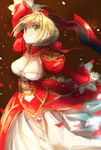  aestus_estus ahoge bad_id bad_pixiv_id bangs blonde_hair breasts cleavage dress epaulettes fate/extra fate_(series) green_eyes hair_intakes hair_ribbon highres holding holding_sword holding_weapon looking_at_viewer medium_breasts nero_claudius_(fate) nero_claudius_(fate)_(all) red_dress ribbon simple_background smile sword weapon yumeichigo_alice 