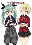  &gt;:( anchovy anzio_military_uniform bangs black_neckwear black_ribbon black_skirt black_tea blonde_hair blue_eyes braid closed_mouth clothes_around_waist commentary_request cowboy_shot cup darjeeling dress_shirt drill_hair eating epaulettes eyebrows_visible_through_hair facing_viewer food fork frown girls_und_panzer green_hair grey_jacket grey_pants hair_ribbon highres holding holding_food jacket jacket_around_waist jacket_removed light_frown long_hair long_sleeves looking_down loose_necktie military military_uniform miniskirt miyao_ryuu mouth_hold multiple_girls necktie pants pasta plate pleated_skirt red_eyes red_jacket ribbon saucer shirt short_hair simple_background skirt sleeves_rolled_up spaghetti st._gloriana's_military_uniform standing sweatdrop tea teacup tied_hair translated twin_braids twin_drills twintails uniform v-shaped_eyebrows white_background 