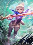 :d black_legwear blue_scarf boots brown_footwear clenched_hand commentary company_name copyright_name day dutch_angle fire_emblem fire_emblem_cipher fire_emblem_if flaming_weapon full_body gloves glowing glowing_weapon green_sky hair_bun holding holding_sword holding_weapon kanna_(female)_(fire_emblem_if) kanna_(fire_emblem_if) lack looking_at_viewer motion_blur nature neckerchief official_art open_mouth outdoors pantyhose pointy_ears purple_eyes scarf smile solo sword updo watermark weapon 