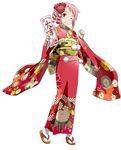  clenched_hand floral_print flower full_body furisode hair_flower hair_ornament holding japanese_clothes kimono lisbeth long_sleeves looking_at_viewer obi official_art one_eye_closed pink_hair red_kimono sandals sash short_hair simple_background smile solo standing sword_art_online tabi white_background wide_sleeves 