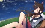  1girl animal_ears arm_up bangs barefoot blush breasts brooch brown_hair cleavage cloud collarbone expressionless feet_out_of_frame fireflies full_moon grass hair_blowing hand_in_hair head_in_hand hill himura_1129 imaizumi_kagerou jewelry knee_up long_hair long_sleeves looking_at_viewer medium_breasts moon night night_sky open_mouth outdoors outstretched_leg reclining red_eyes red_skirt rock shirt sitting skirt sky solo swept_bangs tail touhou very_long_hair white_shirt wind wolf_ears wolf_tail 