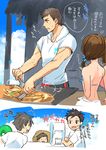  4boys akuno_hideo back bandaid bandaid_on_face bikini_top blue_sky bowl bracelet brown_hair child cloud cooking day frame_(idolmaster) hat idolmaster idolmaster_side-m innertube jewelry kimura_ryuu koutake_hiroyoshi multiple_boys multiple_girls outdoors ponytail sharp_teeth shaved_ice shingen_seiji shirt short_hair sky spatula sun_hat sweatdrop t-shirt teeth towel towel_around_neck yakisoba 