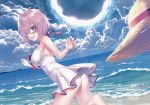  1girl absurdres ass bangs bare_shoulders barefoot blush breasts cloud cloudy_sky day eyebrows_visible_through_hair fate/grand_order fate_(series) glasses hair_over_one_eye hat heirou highres huge_filesize leg_up looking_at_viewer looking_back mash_kyrielight medium_breasts ocean open_mouth outdoors pink_hair purple_eyes scan shiny shiny_skin short_hair sky smile swimsuit water 