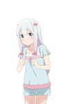  absurdres blue_eyes blue_shirt blue_shorts blush bow cowboy_shot eromanga_sensei eyebrows_visible_through_hair fukuri hair_bow highres izumi_sagiri long_hair looking_at_viewer official_style pink_bow shirt short_shorts short_sleeves shorts silver_hair simple_background solo standing white_background 