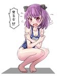  1girl barefoot blush breasts cleavage cowering fate/grand_order fate_(series) feet full_body helena_blavatsky_(fate/grand_order) looking_at_viewer medium_hair open_mouth purple_eyes purple_hair small_breasts solo squatting swimsuit tears text 
