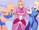  3girls abs artist_name blonde_hair blue_eyes blush breasts crop_top crown dosh dress dual_persona elbow_gloves flexing gloves hair_over_one_eye hand_on_hip heart leaning_forward long_hair looking_at_viewer mario_(series) metroid metroid_fusion midriff mini_crown mole mole_under_mouth multiple_girls muscle muscular_female navel nintendo pink_dress ponytail pose princess_peach raised_eyebrows samus_aran short_shorts shorts sideboob sleeveless smile super_mario_bros. super_smash_bros. super_smash_bros._ultimate toned white_gloves wristband yuri zero_suit 