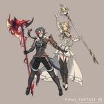  animal_ears armor au_ra axe black_hair blonde_hair braid breasts cat_ears cleavage dragon_girl dragon_horns dragon_tail elbow_gloves facial_mark final_fantasy final_fantasy_xiv full_body glasses gloves green_eyes hair_over_one_eye horns long_hair looking_at_viewer medium_breasts miqo'te multicolored_hair multiple_girls preyanan_suwanpramote red_eyes scales short_hair simple_background staff standing tail thighhighs two-tone_hair warrior_(final_fantasy) watermark weapon white_mage 
