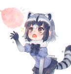  animal_ears black_bow black_hair black_neckwear blush bow bowtie brown_eyes chromatic_aberration common_raccoon_(kemono_friends) cotton_candy drooling fur_trim grey_hair hn_(artist) kemono_friends open_mouth outstretched_arm pleated_skirt puffy_short_sleeves puffy_sleeves raccoon_ears raccoon_tail short_hair short_sleeves skirt solo sparkle sparkling_eyes tail 