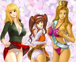  ;) ass bangs between_breasts bikini black_shirt blonde_hair blunt_bangs bow bra breast_squeeze breasts brown_eyes brown_hair chibimi cleavage commentary_request cowboy_shot crotch_seam crown dark_skin dayoon dress dress_lift eyebrows_visible_through_hair from_behind genderswap genderswap_(mtf) hair_bow hairband highres iyayo lace lace-trimmed_dress lace-trimmed_panties large_breasts light_smile long_hair long_sleeves looking_at_viewer looking_back miniskirt multicolored multicolored_background multiple_girls navel one_eye_closed osomatsu-san panties pink_hairband purple_bikini red_bow red_dress red_eyes red_skirt sash shirt skirt skirt_lift smile string_panties swimsuit toten_(der_fuhrer) twintails underwear whisker_markings white_bra white_panties white_shirt 