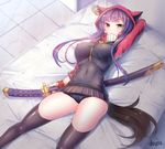  bed breasts cleavage doyouwantto green_eyes heterochromia hood jacket katana large_breasts long_hair looking_at_viewer lying midriff multicolored_hair navel on_back on_bed original panties pink_hair purple_hair red_eyes scarf short_shorts shorts signature solo stomach sword tail thighhighs underwear weapon 