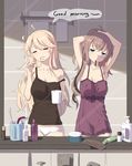  =_= ahoge armpits arms_up bad_id bad_pixiv_id bathroom blonde_hair blue_eyes breasts brown_hair brushing_teeth chemise closed_eyes cnm comb cowboy_shot cup english highres indoors iowa_(kantai_collection) kantai_collection large_breasts long_hair messy_hair mirror mouth_hold mug multiple_girls panties reflection saratoga_(kantai_collection) shampoo_bottle sleepy soap_bottle speech_bubble strap_slip tank_top toothbrush toothpaste tying_hair underwear white_panties 