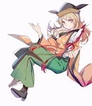 aibivy bangs blonde_hair closed_mouth detached_sleeves eyebrows_visible_through_hair full_body green_skirt grey_background hat highres long_hair long_sleeves looking_at_viewer matara_okina shoes simple_background skirt smile solo tabard touhou white_background wide_sleeves yellow_eyes 