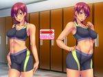  1girl animated bike_shorts blue_eyes blush breasts fit_shichao!_~toshiue_josei_to_asedaku_lesson_hatsutaiken~ game_cg gym_clothes highres locker_room looking_at_viewer medium_breasts medium_hair midriff nada_kozue navel nipples no_pussy nude open_mouth photoshop pubic_hair red_hair shimagon size_difference solo standing tan tanline topless wendybell 