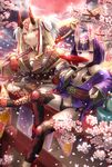  alcohol bad_id bad_pixiv_id bare_shoulders blonde_hair breasts cherry_blossoms crossed_legs cup drinking dripping earrings eyebrows_visible_through_hair facial_mark fang fate/grand_order fate_(series) hair_ornament highres holding holding_sword holding_weapon horns ibaraki_douji_(fate/grand_order) japanese_clothes jewelry kimono long_hair looking_at_viewer moon multiple_girls navel oni oni_horns open_mouth petals pointy_ears purple_eyes purple_hair red_moon revealing_clothes sakazuki sake short_hair shuten_douji_(fate/grand_order) sitting sky small_breasts sword tattoo torii weapon yellow_eyes yumeichigo_alice 