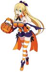  bat_hair_ornament blonde_hair braid bucket candy cookie food full_body gloves green_eyes hair_ornament halloween_costume hand_to_head high_ponytail holding holding_bucket jack-o'-lantern leafa long_hair mouth_hold non-web_source pointy_ears shorts side_braid simple_background solo standing striped striped_legwear sword_art_online thighhighs twin_braids white_background 