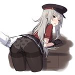  1girl admiral_(kantai_collection) animal_print ass ass_grab bad_id bad_pixiv_id bear_panties bear_print bent_over black_gloves blush brown_eyes cnm cropped_legs gangut_(kantai_collection) gloves grey_hair hair_ornament hairclip hat kantai_collection long_hair looking_back miniskirt panties panties_under_pantyhose pantyhose peaked_cap pleated_skirt print_panties short_sleeves sketch skirt skirt_lift solo_focus sweatdrop thighband_pantyhose underwear white_gloves 