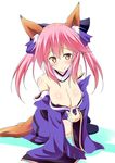  blue_legwear blush breasts cleavage detached_sleeves fate/extra fate/extra_ccc fate/grand_order fate_(series) fox_ears fox_tail hair_ribbon large_breasts looking_at_viewer pink_hair pony_r ribbon tail tamamo_(fate)_(all) tamamo_no_mae_(fate) yellow_eyes 