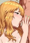  1girl ahoge blonde_hair breasts censored fellatio fingernails green_eyes green_nails hetero hoshii_miki idolmaster idolmaster_(classic) long_hair medium_breasts nail_polish nude oral penis pettan_p saliva simple_background solo_focus upper_body 