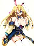  animal_ears bare_shoulders blonde_hair blue_eyes braid breasts bunny_ears cleavage glasses kyoro_(cothurnus) large_breasts long_hair one_eye_closed open_mouth original skirt solo thighhighs 