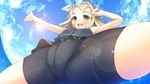  :d blonde_hair blue_sky blush cloud crotch day from_below green_eyes hairband highres horizon imachireki kantai_collection lens_flare looking_at_viewer luigi_torelli_(kantai_collection) open_mouth outdoors short_hair sky smile solo spread_legs wetsuit white_hairband 