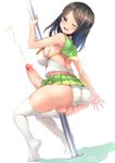  1girl bare_shoulders black_hair blue_eyes blush bosshi breasts erection futanari large_breasts large_penis one_eye_closed open_mouth panties penis pole_dancing sideboob skirt smile solo sweat swimsuit testicles thighhighs uncensored underwear veiny_penis 