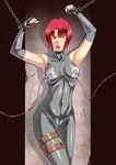  1girl arms_up bdsm blue_eyes bondage bound breasts cameltoe chains collar dino_crisis electricity electrostimulation forced_exposure kamo_(nobuhide19790717) medium_breasts nipple_clamps nipples red_hair regina short_hair solo torn_clothes torture 