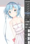  adobe_photoshop blue_eyes blue_hair breasts cleavage collarbone dress eyebrows_visible_through_hair hatsune_miku holding_letter leaning_to_the_side long_hair looking_at_viewer medium_breasts sleeveless sleeveless_dress solo sundress twintails very_long_hair vocaloid white_dress yu_(pixiv4533761) 