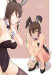  absurdres animal_ears black_bow black_legwear black_leotard black_neckwear bow bowtie breasts brown_eyes brown_hair bunny_ears bunny_tail bunnysuit cleavage cowboy_shot detached_collar full_body girls_und_panzer highres irukatto leotard long_hair looking_at_viewer medium_breasts mika_(girls_und_panzer) multiple_girls nishizumi_maho red_bow red_neckwear short_hair squatting strapless strapless_leotard tail thighhighs wrist_cuffs 