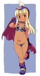  alternate_color armor bangs bikini_armor blonde_hair blunt_bangs boots breasts brown_eyes cape cape_lift chi-chi_(dragon_ball) cleavage dark_skin dragon_ball dragon_ball_(classic) full_body gloves helmet hime_cut long_hair looking_at_viewer navel om_(nk2007) pauldrons pink_footwear simple_background small_breasts smile solo younger 