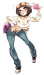  10s 1girl bare_shoulders belt blush bottle breasts brown_eyes brown_hair cellphone cleavage denim full_body leaning_forward lipstick long_sleeves medium_breasts midriff ohya_ichiko persona persona_5 phone pouch rafchu short_hair simple_background sneakers solo standing sunglasses 