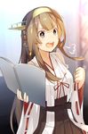  1girl :d =3 bangs black_skirt blurry blush book brown_hair clenched_hand commentary_request depth_of_field detached_sleeves eyebrows_visible_through_hair hakama_skirt hand_up headband highres kantai_collection kongou_(kantai_collection) long_hair md5_mismatch meth_(emethmeth) nontraditional_miko open_book open_mouth pleated_skirt purple_eyes remodel_(kantai_collection) ribbon-trimmed_sleeves ribbon_trim rigging sidelocks skirt smile solo sparkle teeth upper_body 