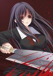  black_hair blood blood_on_face blood_splatter bloody_clothes breasts brown_eyes commentary_request creek_(moon-sky) empty_eyes hatchet highres katsura_kotonoha large_breasts long_hair oriental_hatchet partial_commentary school_days school_uniform yandere 