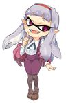  blush breasts cosplay highres idolmaster idolmaster_(classic) inkling long_hair mary_janes medium_breasts open_mouth pantyhose parody shijou_takane shijou_takane_(cosplay) shoes splatoon_(series) squid_girl style_parody tentacle_hair tentacles thick_eyebrows tuxedo_de_cat white_background white_hair 