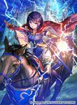  animal armlet bangs black_hair blue_eyes blue_hair book boots breasts brown_legwear cape castle commentary_request copyright_name cowboy_shot dutch_angle elbow_gloves electricity fire_emblem fire_emblem:_thracia_776 fire_emblem_cipher fuji_choko garter_straps gloves holding holding_book horse horseback_riding house jewelry lightning looking_at_viewer magic medium_breasts official_art olwen_(fire_emblem) open_mouth orb outdoors outstretched_arm pants pendant purple_eyes red_cape riding sash serious short_hair side_slit solo standing sword thigh_boots thighhighs weapon white_pants 