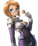  amania_orz arm_at_side blue_eyes bodysuit breasts candy character_request closed_mouth commentary_request covered_navel cowboy_shot food glasses gundam gundam_zz lollipop looking_at_viewer medium_breasts orange_hair pilot_suit short_hair simple_background sketch skin_tight solo standing white_background 