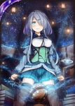  akkijin blue_eyes book boots card_(medium) hair_ornament high_heel_boots high_heels lamp library lolita_fashion looking_at_viewer official_art one_eye_covered orbit planet projector shinkai_no_valkyrie silver_hair solo star thighhighs 