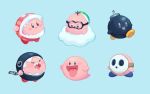  blue_background bob-omb boo chain_chomp chains cloud copy_ability eyes_closed fuse goggles highres kirby kirby_(series) lakitu mario_(series) mask nintendo open_mouth piranha_plant saino sharp_teeth shy_guy simple_background smile super_smash_bros. super_smash_bros._ultimate teeth tongue tongue_out 