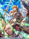  animal armor bangs blonde_hair blue_sky boots breastplate cloud commentary_request company_connection copyright_name day earrings elbow_gloves energy fire_emblem fire_emblem:_thracia_776 fire_emblem_cipher fumi_(butakotai) gem gloves green_eyes holding holding_sword holding_weapon horse horseback_riding jewelry knee_boots looking_away nanna_(fire_emblem) official_art outdoors pants pink_pants riding serious shiny short_hair shoulder_armor sidelocks sky solo sparkle spaulders staff sword weapon winged_hair_ornament 