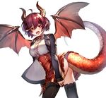  absurdres ahoge ass black_legwear blouse blush breasts commentary_request cowboy_shot dragon_horns dragon_tail dragon_wings frills from_side granblue_fantasy grea_(shingeki_no_bahamut) highres horns inconvenient_tail large_breasts looking_at_viewer neck_ribbon no_panties open_mouth plaid plaid_skirt pleated_skirt pointy_ears purple_hair red_eyes red_skirt ribbon shingeki_no_bahamut short_hair skirt skirt_tug solo standing tail thighhighs twisted_torso white_background white_blouse wings yurika0207 zettai_ryouiki 