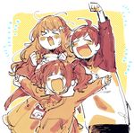  &gt;_&lt; 2girls :3 :d blush clenched_hand duo_chromatic hood hoodie idolmaster idolmaster_(classic) idolmaster_cinderella_girls idolmaster_side-m long_hair moroboshi_kirari multiple_girls name_tag open_mouth outstretched_arms smile suzuki_yui sweatshirt takatsuki_yayoi tendou_teru twintails 