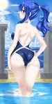  1girl absurdres ass blue_hair blush cowboy_shot day fairy_tail from_behind hair_ornament hips huge_filesize juvia_lockser juvia_loxar long_hair looking_at_viewer looking_back parted_lips planeptune ponytail shiny shiny_skin sidelocks solo standing very_long_hair wading water 