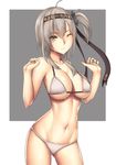  arciealbano bikini breasts clothes_writing hachimaki hair_between_eyes headband highres kantai_collection large_breasts navel one_eye_closed one_side_up silver_hair smile solo suzutsuki_(kantai_collection) swimsuit white_bikini yellow_eyes 