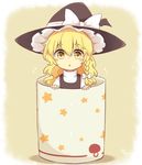  :o blush blush_stickers braid commentary cup eyebrows food_print hat in_container in_cup kirisame_marisa long_hair looking_at_viewer minigirl mushroom_print riza_dxun side_braid single_braid solo star star_print touhou turtleneck wavy_hair witch_hat 